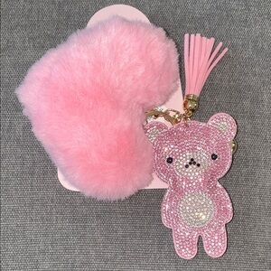 Pink Teddy Bear Keychain with Pom Pom